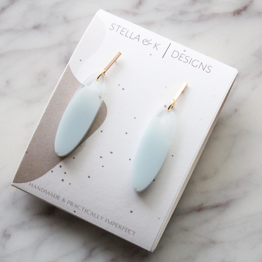 Handmade Earrings - Long Oval Resin Earrings - Pale Blue and Clear - NEW